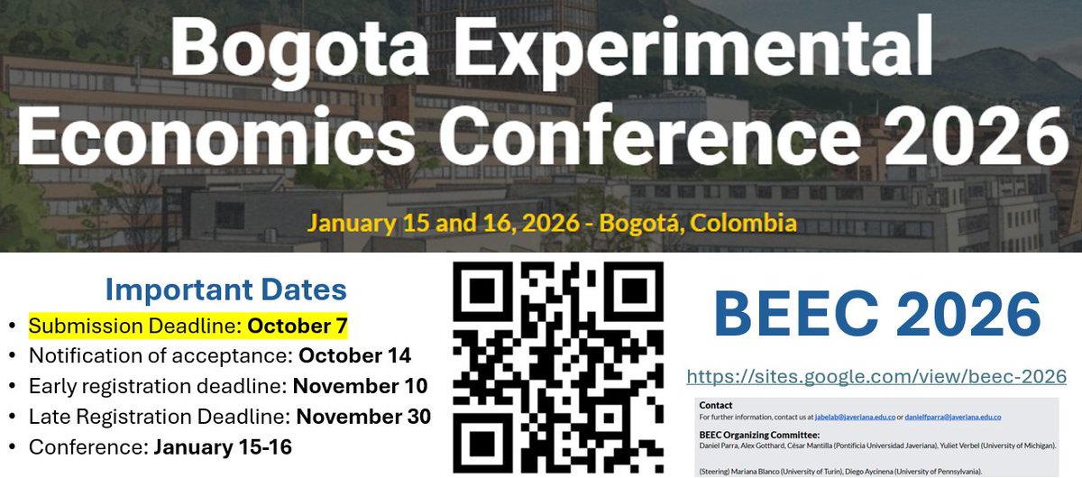 Hey #EconTwitter
<a href="/EcScienceAssoc/">Economic Science Association</a>
<a href="/voxlacea/">Vox.LACEA</a>
The submission deadline for the 2026 Bogotá Experimental Economics Conference is coming soon! Don´t miss the chance to present your research, meet new people, interact with fantastic keynote speakers, and discover a wonderful city!