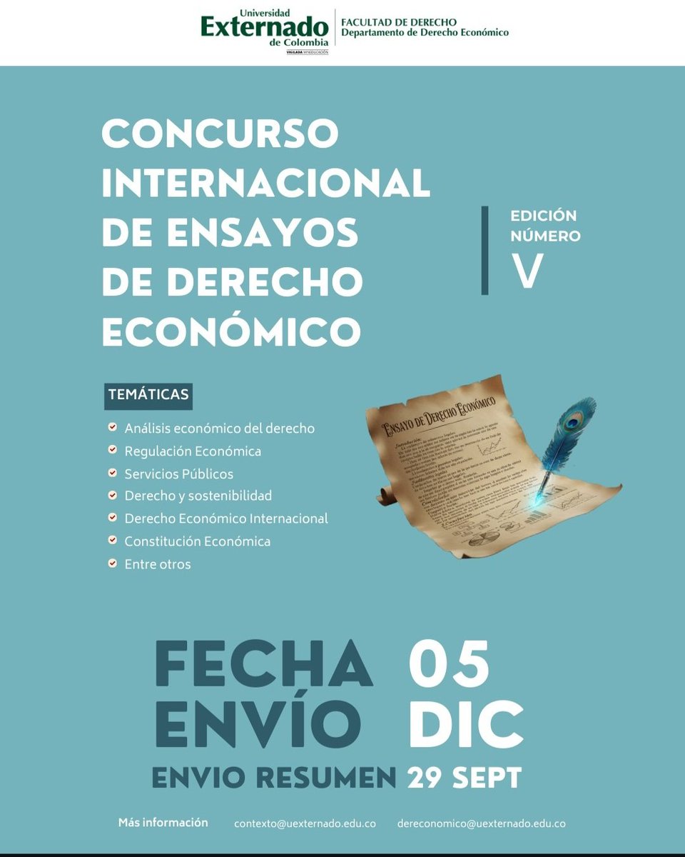📣 Más de 40 estudiantes de 12 universidades de Latinoamérica serán los participantes del "5° Concurso Internacional de Ensayos de Derecho Económico" de <a href="/DerEconomico/">DerEconómico</a> ✍

5 universidades de 🇨🇴
3 universidades de 🇵🇪
2 universidades de 🇨🇱
1 universidad de 🇲🇽
1 universidad de 🇪🇨
