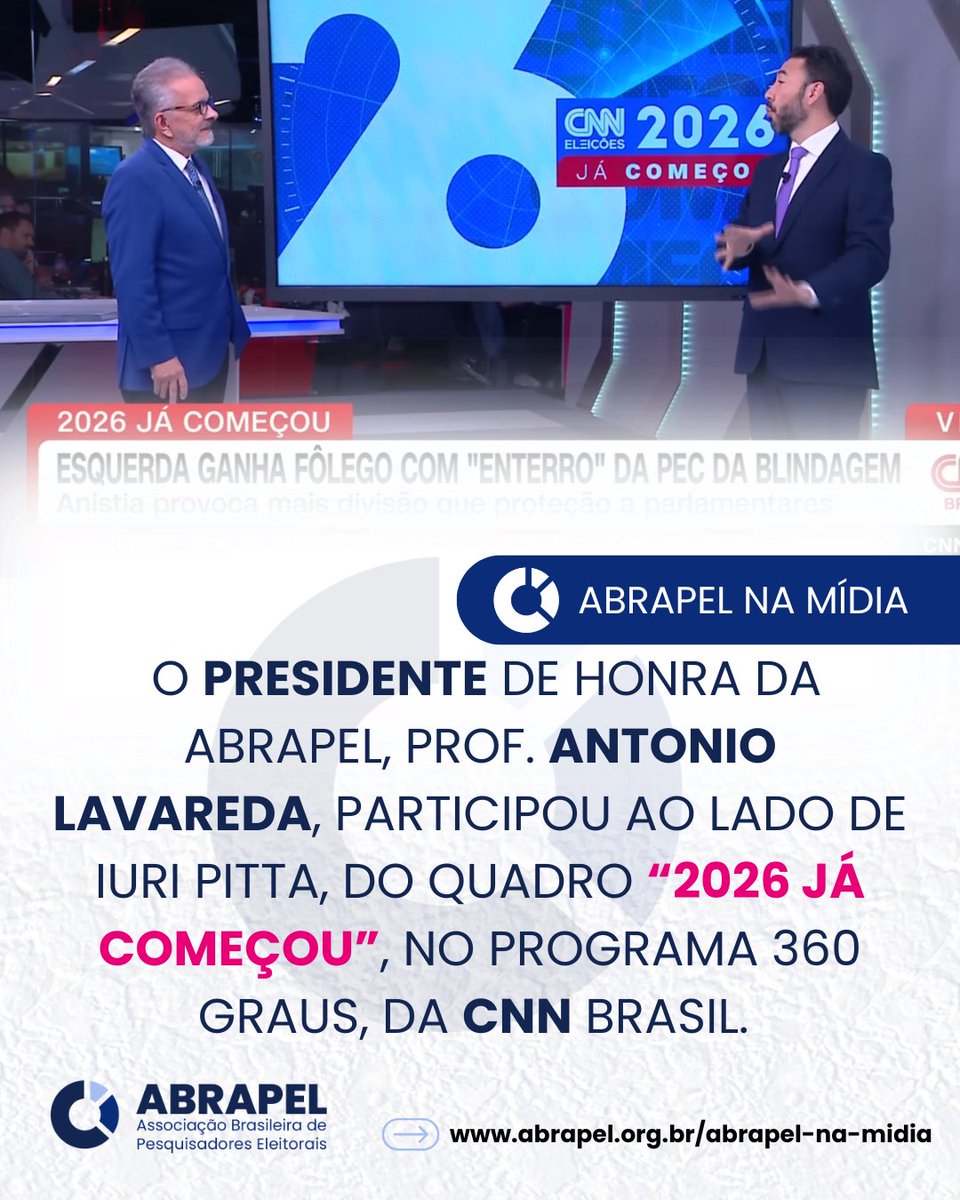 abrapel_org's tweet photo. Na última sexta-feira de setembro, o sociólogo e presidente de honra da ABRAPEL, professor Antônio Lavareda, participou do quadro “2026 Já Começou”, na CNN, ao lado do jornalista Iuri Pitta.

https://t.co/vhOkgEXUxJ https://t.co/tMWxjHMbnw