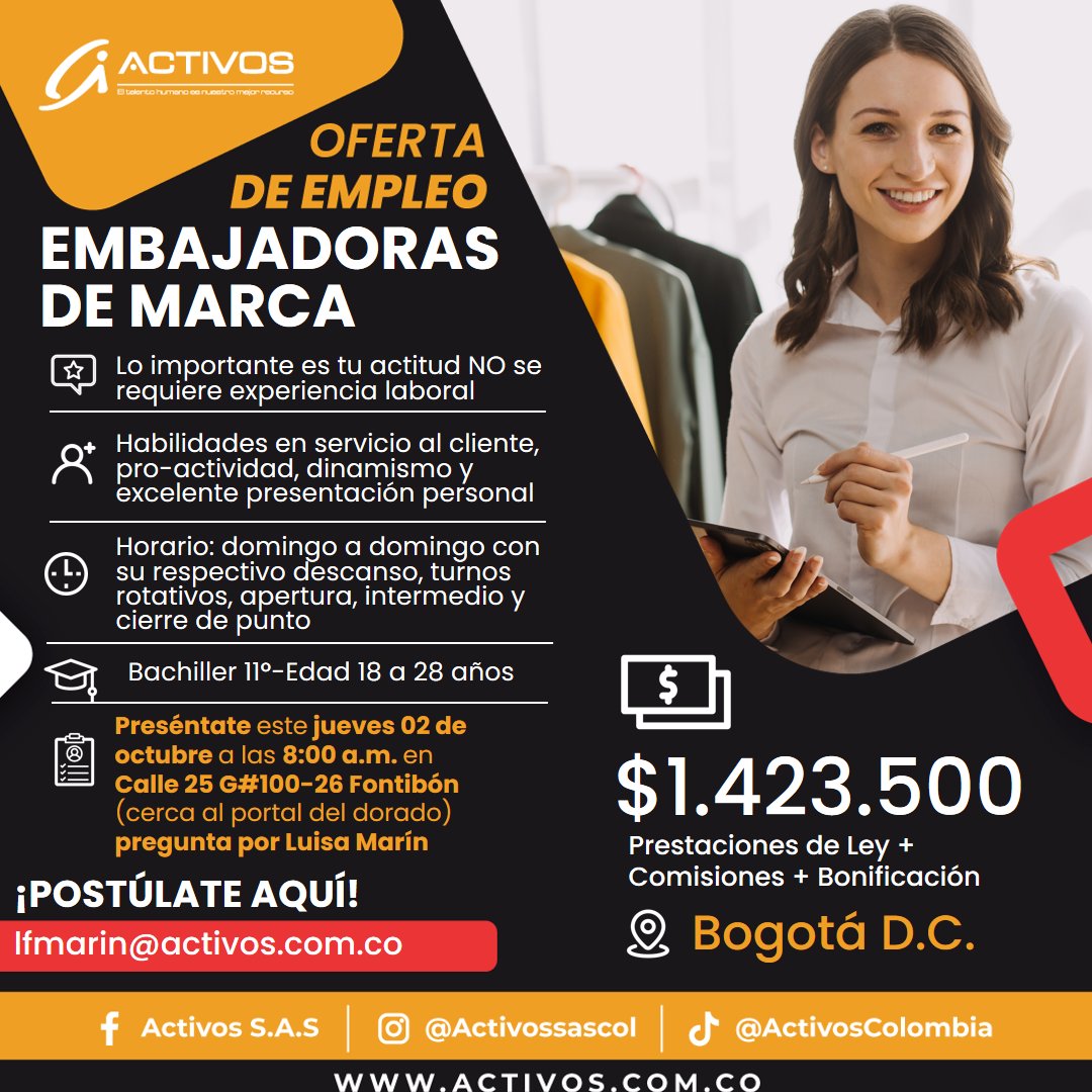 ActivosColombia's tweet photo. ¡Estas son las nuevas vacantes abiertas Bogotá y Leticia!
📷Revisa los detalles y aplica ahora.
#empleoactivos #TrabajoSíHay #bogota #LeticiaColombia #EmpleoSeguro #OportunidadLaboral #ConvocatoriaLaboral https://t.co/gsSIkAQTep