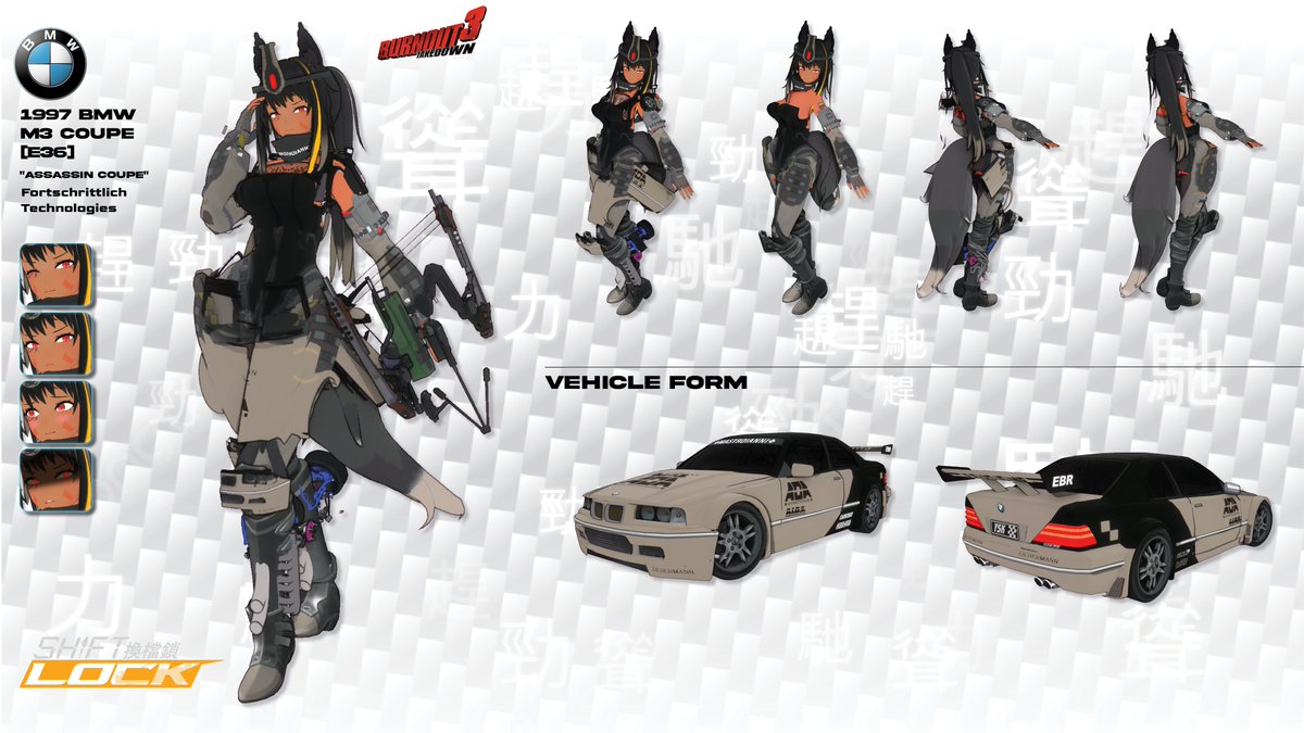 shiftlock_gt's tweet photo. Assassin Coupe character sheet
#車擬人化 #バーンアウト #gijinka #personification #burnout #burnout3 #bmw #m3 #e36 https://t.co/sYOB6mkDF4