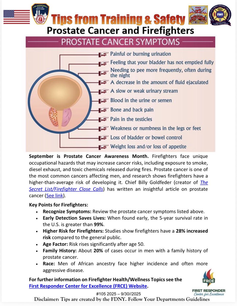 1stresponderctr's tweet photo. Tips from Training & Safety: Prostate Cancer & Firefighters

We’re proud to continue to share these valuable messages in collaboration with the @FDNY. Today's tip is about prostate cancer and firefighters.

September is Prostate Cancer Awareness Month. Prostate cancer is one of the most common cancers among men, and research shows that firefighters face a significantly higher risk. Firefighters are 28% more likely to be diagnosed with prostate cancer compared to the general population.

Check out the key takeaways about prostate cancer in the graphic, and explore more resources at 👉 https://t.co/TWx5tOwqAx

#FRCE #FDNY #FirstResponderHealth #TrainingAndSafety