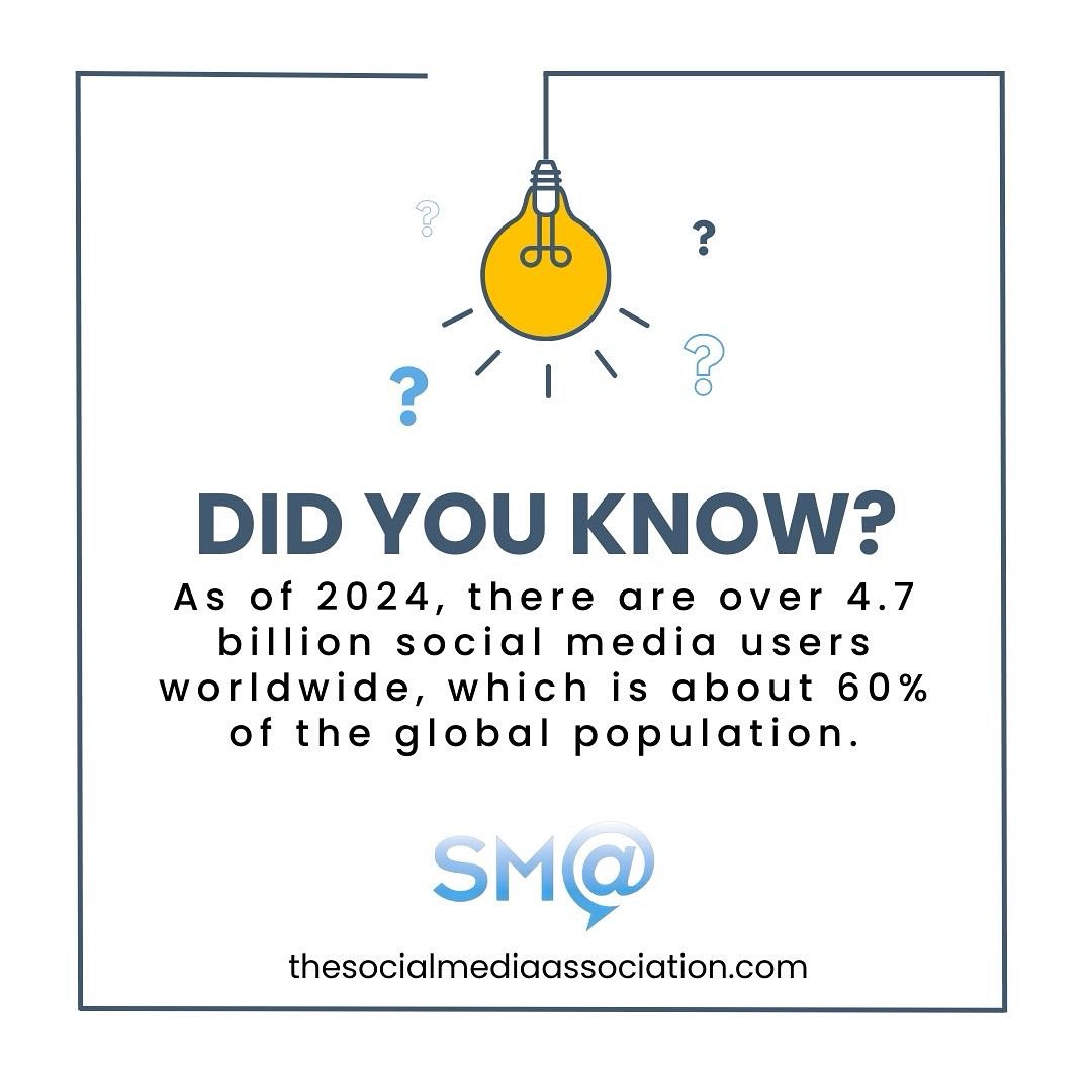 Did you know that over 4.7 billion people are active on social media worldwide.

Want to stay ahead of the trends and grow with this digital world? Join us at the Social Media Association.

Visit thesocialmediaassociation.com

#SocialMedia #SocialMediaMarketing #SocialMediaAssociation