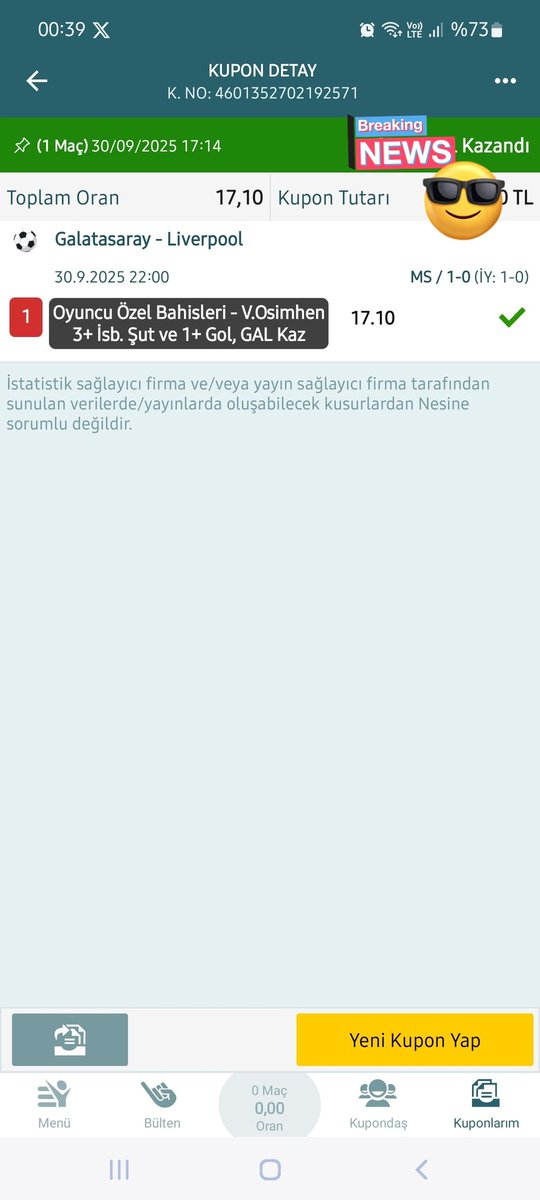 yesimkolaci's tweet photo. Teşekkürler teşekkürler #GSvLIV #Osimhen 💛❤️😎 https://t.co/4Yamuoqhej
