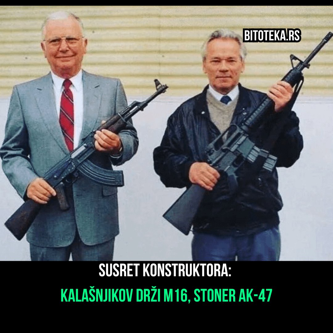 bitoteka's tweet photo. Dvojica konstruktora čije su puške obeležile čitav 20. vek - Mihail Kalašnjikov i Judžin Stoner. Simbolični trenutak u kome drže oružje onog drugog pokazuje koliko su njihovi izumi oblikovali istoriju, politiku i sukobe širom sveta. Fotografija spaja dva suprotna sveta u slici. https://t.co/nbEnMUmyYU