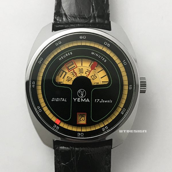 utdesign's tweet image. 私のサイト #utdesign でご紹介してきた腕時計をページの古い順から掲載していくシリーズ その68、69。YEMAの70年代の手巻きのメカデジ。日付けと秒表示の有り無しバージョン一緒にアップ。黄色が効いたかなりの変態時計。詳細は↓
utdesign.net/yema-jumphour2/