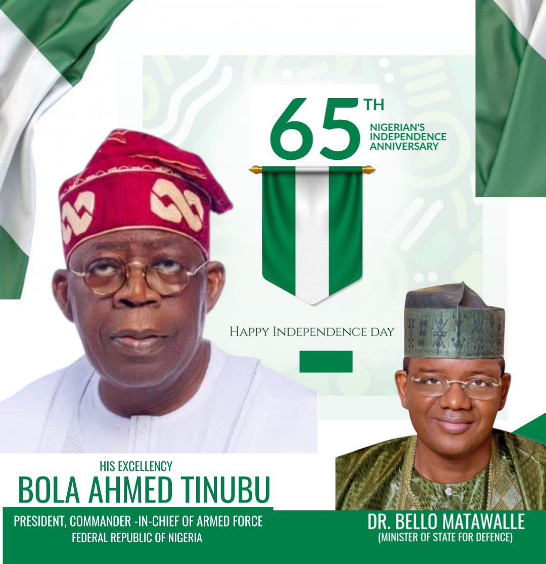 Bellomatawalle1's tweet photo. Happy 65th Independence Day, Nigeria! 

As we celebrate our unity, progress, and resilience, let us continue to work together for a greater, prosperous Nigeria. 🇳🇬✨

#NigeriaAt65 #IndependenceDay #Naija65 #ProudlyNigerian #GreenWhiteGreen #RenewedHope #ForwardNigeria #HopeForNigeria #NigeriaIndependence #StrongerTogether #OneNigeria