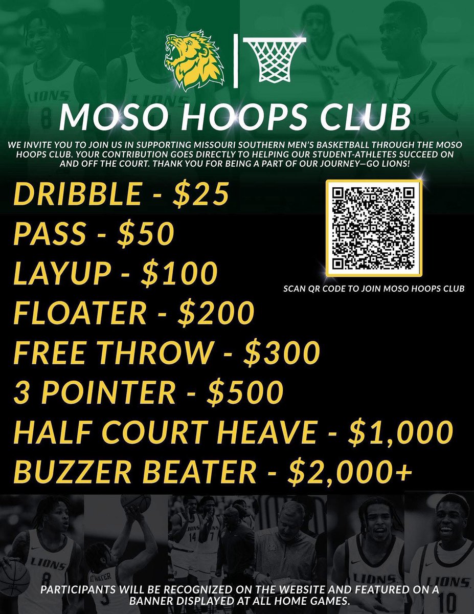 Join the MOSO Hoops Club &amp; support Lions Basketball! Every level makes a difference on and off the court. #GoLions 🦁🏀🟢🟡

 mssu.edu/advancement/gi…