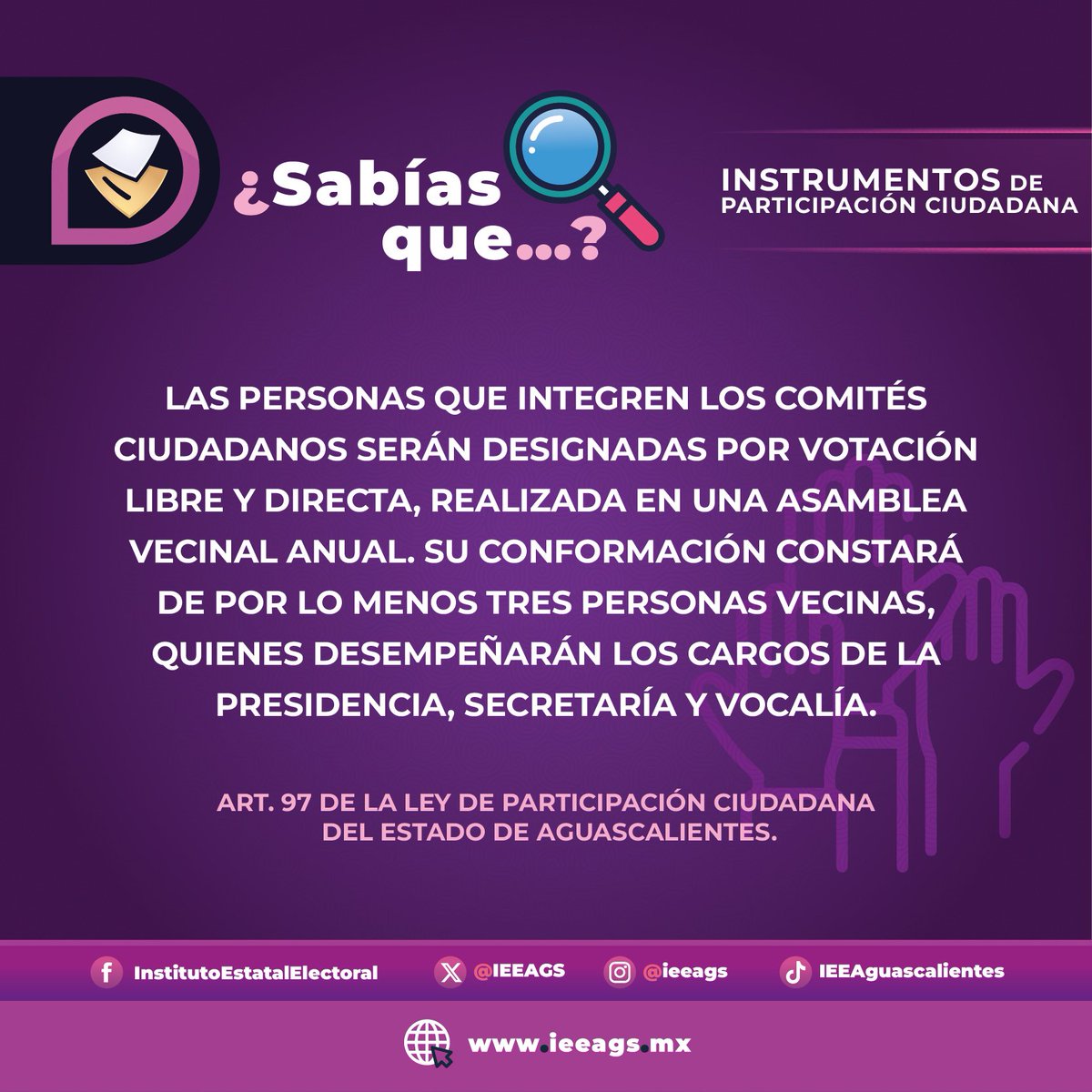 ¿Conoces los instrumentos que contempla la Ley de Participación Ciudadana del Estado de Aguascalientes?

Te explicamos la forma como se integran los Comités Ciudadanos.

#ParticipaciónCiudadana🙋🏽‍♀️🙋‍♂️