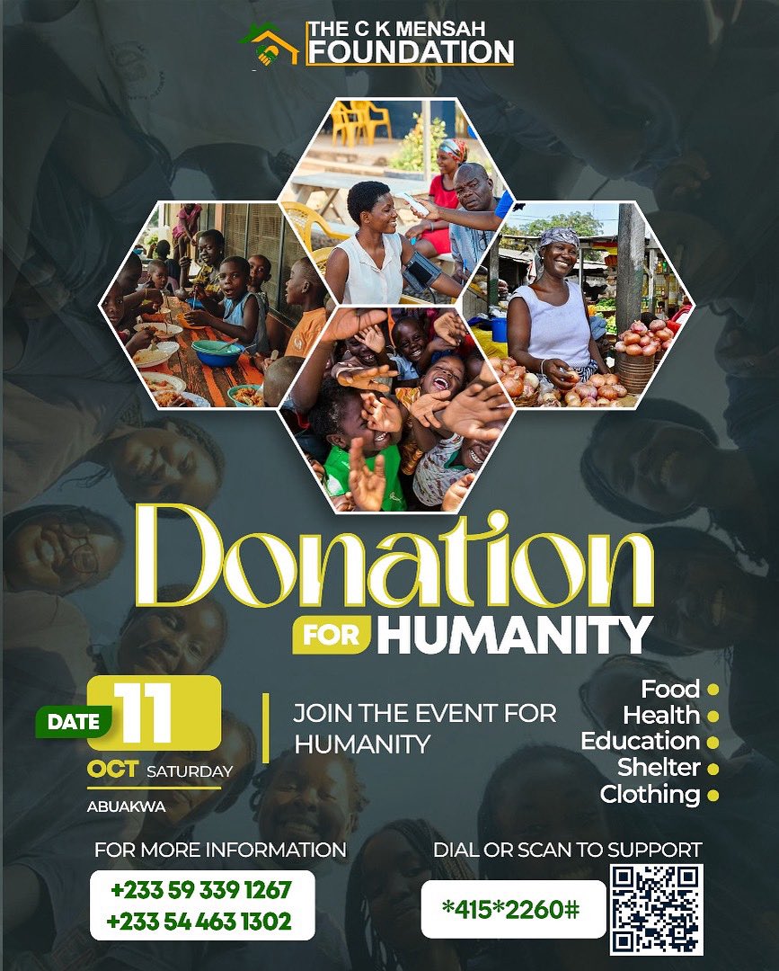 theckmensahfndn's tweet photo. ✨ Join us for “Love in Action”! 💙 The CK Mensah Foundation is hosting a charity event to provide free NHIS registration, clothes &amp; more. Be part of our mission: Donation for Humanity! 📅 Oct 11|📍 Abuakwa Market 👉 Spread love, touch lives! #theckmensahfoundation https://t.co/4YXeEP9mCj