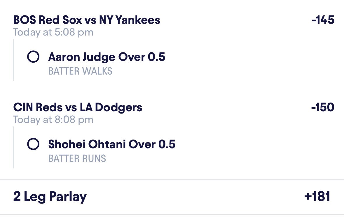 SplitterDFS's tweet image. since Gavin Williams chalked us immediately earlier…
Aaron Judge Over 0.5 Batter Walks -145
Shohei Ohtani Over 0.5 Batter Runs -150
Parlay 🎟️; +181
#MLB #GamblingTwitter #DFS #Sportsbettingpicks #Draftkings #Parlay #Sportsbook #Prizepicks
