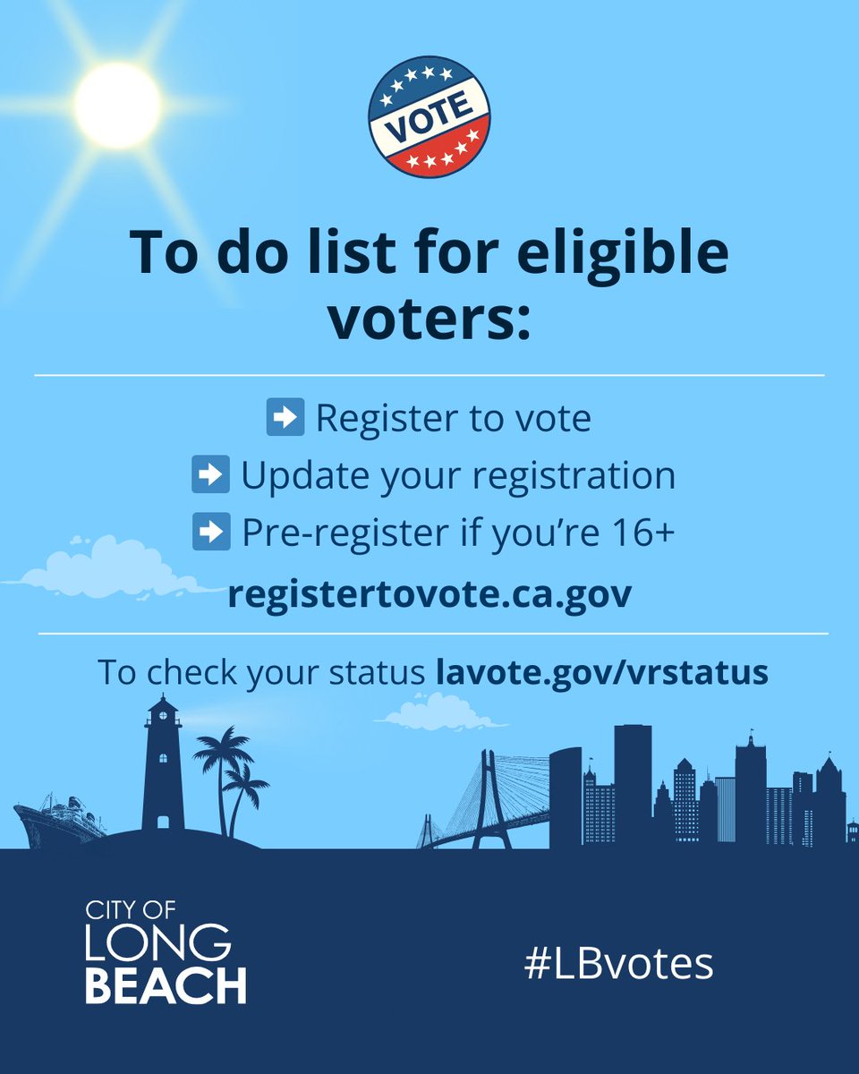 LongBeachCity's tweet photo. ๐ข The Special Statewide Election will be held on Tuesday, Nov. 4, 2025. ๐ณ The deadline to register is Sunday, October 20, 2025 in order to receive a Vote by Mail ballot in the Statewide Special Election.
#LBvotes https://t.co/NwCWA7HiFZ