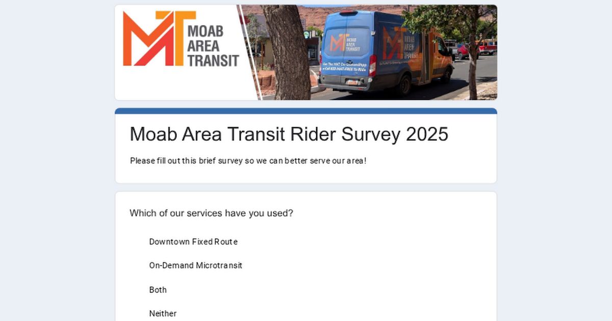 🚌 Do you use Moab Area Transit (MAT)? Or maybe you don't? 
Either way — we want to hear from you!

Help shape the future of MAT by taking this quick survey 
bit.ly/MATRiders

Open until Oct. 13. Your input can help shape the future of Moab Area Transit service. Thank you!