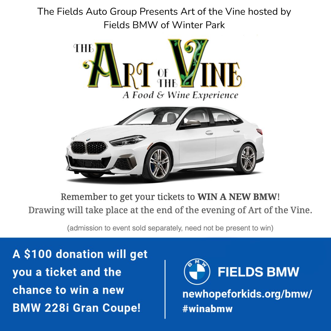 Dream big and enter today! 🎉 Hear your name called at Art of the Vine as the winner of a 2025 BMW! 🚗 #NewHopeForKids #BMWDrawing #WinBig