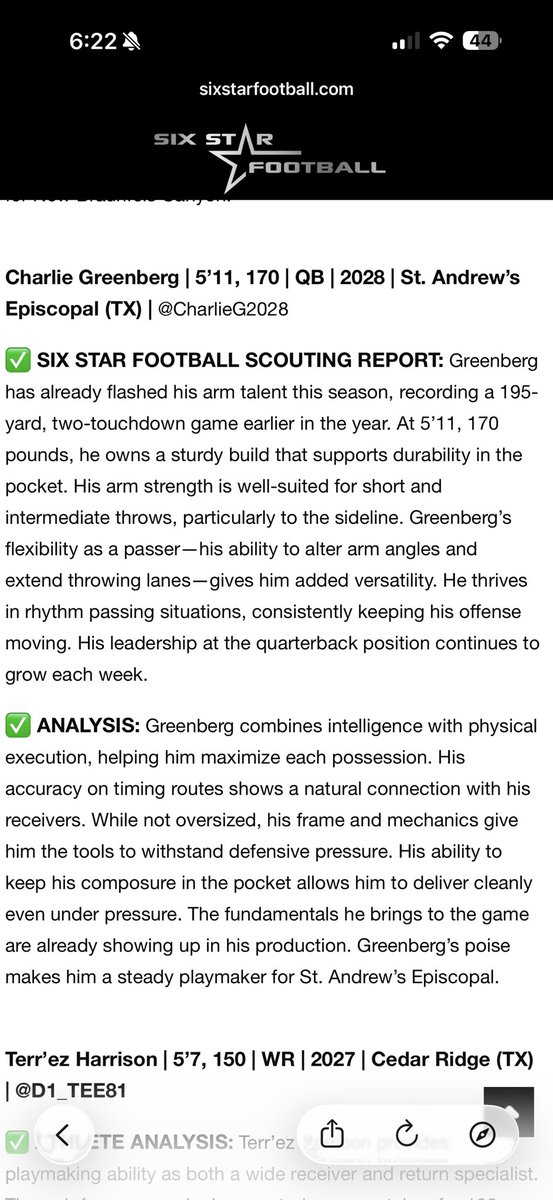 Thanks to six star for noticing.   Hard work does pay off.  <a href="/sixstarfootball/">Six Star Football | PLUS+</a> <a href="/PrepRedzoneTX/">Prep Redzone Texas</a> <a href="/LoneStarPrepsTX/">TX Prep Varsity</a> <a href="/Elite11/">Elite11</a> <a href="/REPFootballRec/">REP Football Recruiting</a> <a href="/sashighlanderfb/">St. Andrew’s Football</a> <a href="/CoachCantrell22/">Edward Cantrell</a> <a href="/TXPSMedia/">Texas Private School Media</a> <a href="/TXPrivateFBGuy/">Texas Private School Football</a> <a href="/statesman/">Austin Statesman</a> <a href="/QBHitList/">QBHitList.com</a> <a href="/QBC_DFW/">QB Country-DFW</a> <a href="/CoachRSpence/">Robert Spence</a> <a href="/CCUCoachDrew/">Drew Hollingshead</a> <a href="/MTommerdahl/">Mark Tommerdahl</a>