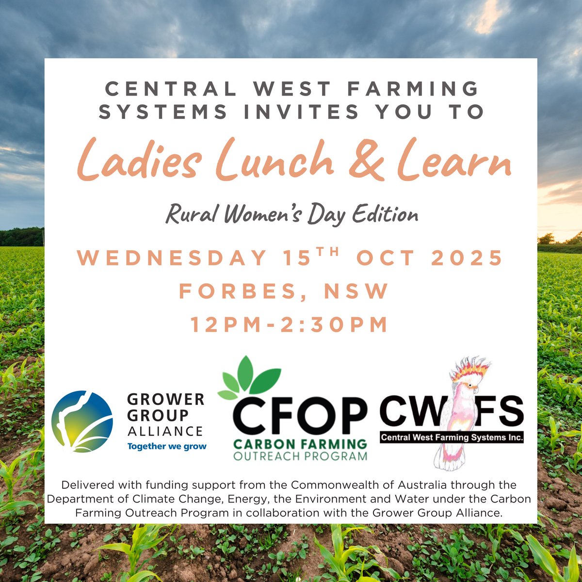 And we’re sold out! 🥁

If you’ve missed out on a ticket &amp; would like to join the waitlist please email Brooke.watts@dpird.nsw.gov.au 

The National Industry-led Carbon Farming Outreach Program is delivered with funding support from the Commonwealth of Australia through the