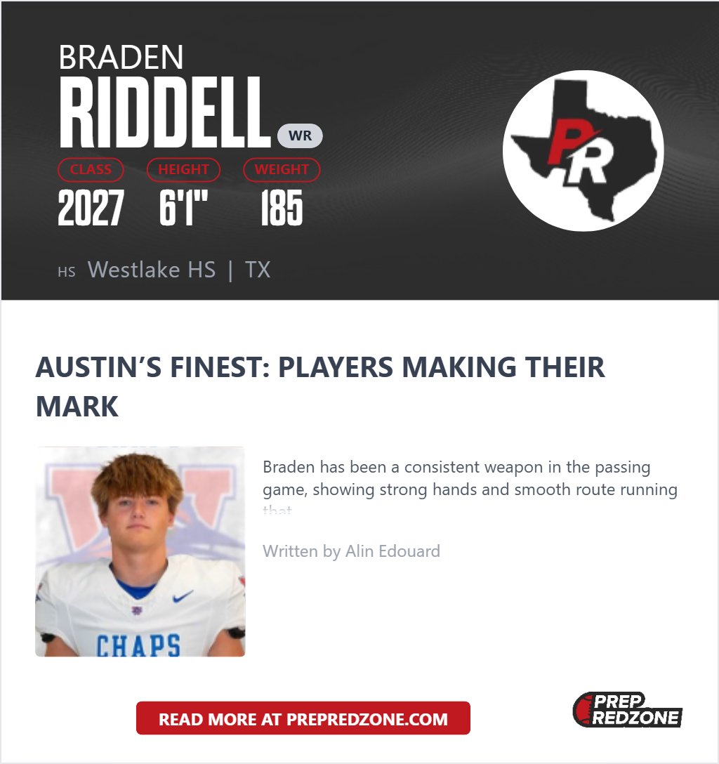 Appreciate <a href="/iam_alinedouard/">Coach Alin Edouard</a> and <a href="/PrepRedzoneTX/">Prep Redzone Texas</a> for the mention as one of Austin's finest players and making a mark in the area. Shout out to my OL <a href="/JDC2027/">Jackson Cook</a> for making the list with me! #GoChaps
