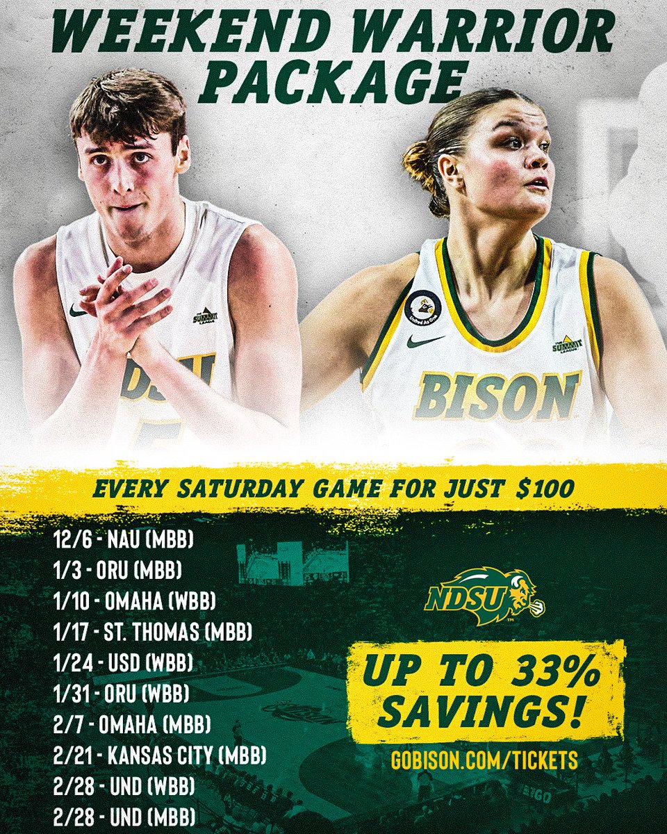 We have✌️mini-plan 🎟️ packages for you!

Tip-Off:
- 2 games➡️price of 1
- Pick the games you want
- See both teams in action

Weekend Warrior:
- 33% savings over single game🎟️
- Includes UND doubleheader🤘
- See both teams in action

Pick your plan now at GoBison.com/WBB-tix