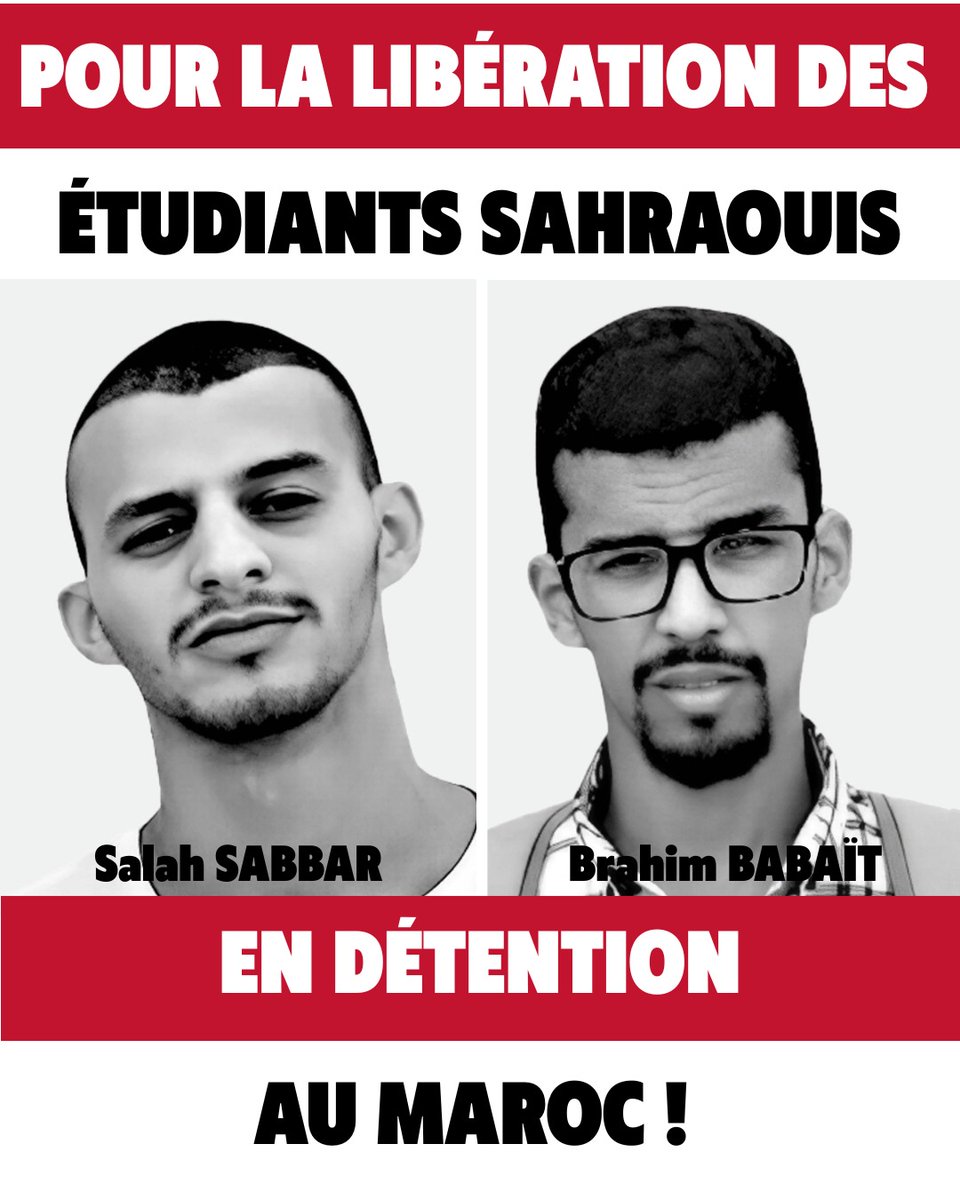 aje_etu's tweet photo. Pour la libération des étudiants sahraouis en détention au Maroc !

La #GENZ212 se mobilise au Maroc contre la misère et la corruption.

Deux étudiants Sahraouis qui manifestaient ont été enlevés par la police.

🔴 SIGNEZ LA PÉTITION 🔴
▶️ https://t.co/aWGCe0Tvgd ◀️ https://t.co/sPTEP8Orrl