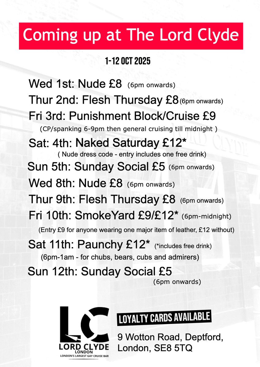 Coming up over the first two weeks of October at the Lord Clyde in Deptford.