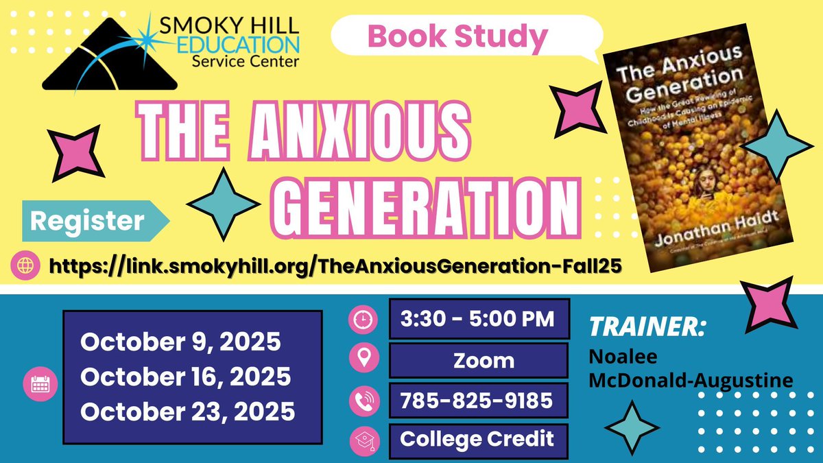 In the book "The Anxious Generation", Jonathan Haidt suggests that there is a strong correlation between increasing technology usage and the growing adolescent mental health decline. To learn what we can do, enroll at link.smokyhill.org/TheAnxiousGene……. 
#SHESCPL #SHESCsecd <a href="/SmokyHillEDU/">Smoky Hill Education Service Center</a>