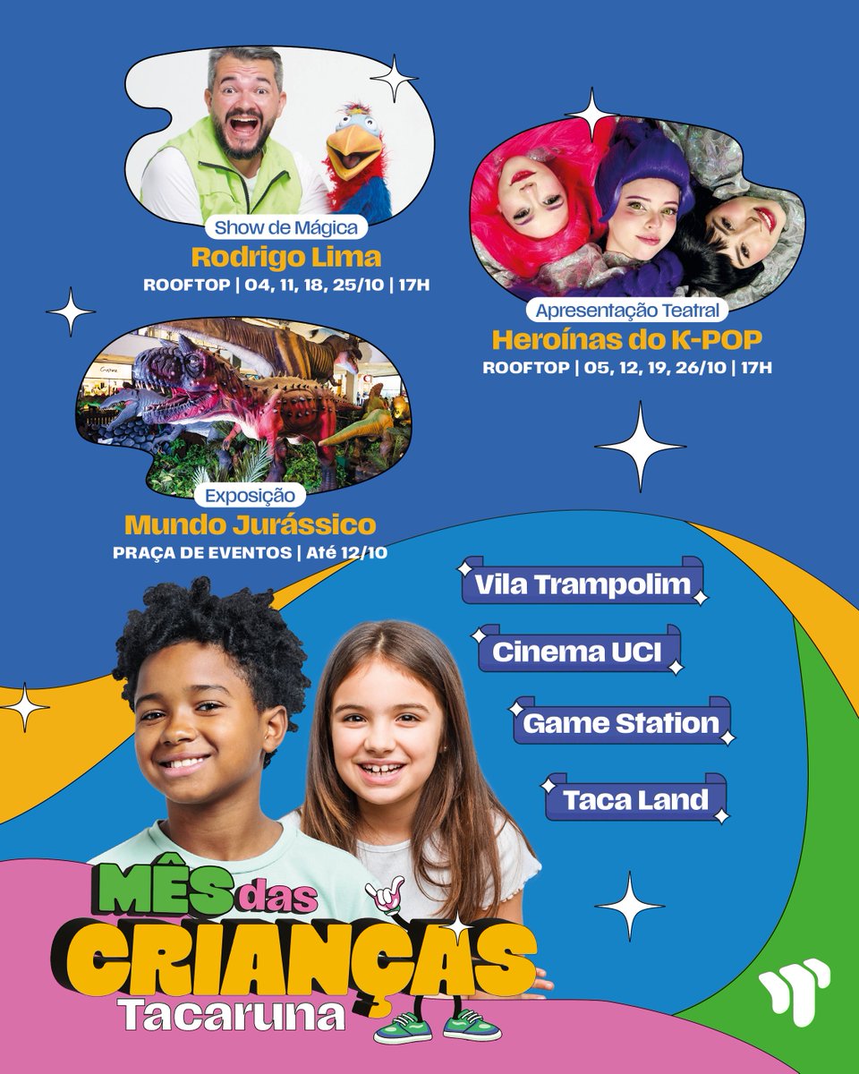 O Mês das Crianças tá cheio de atrações no Tacaruna. 🤩

Tem show de mágica, teatro, dinossauros e muito mais pra garantir a alegria da criançada. 🤸
A diversão de outubro tá garantida... e os presentes também! 🎁 #VemProTaca