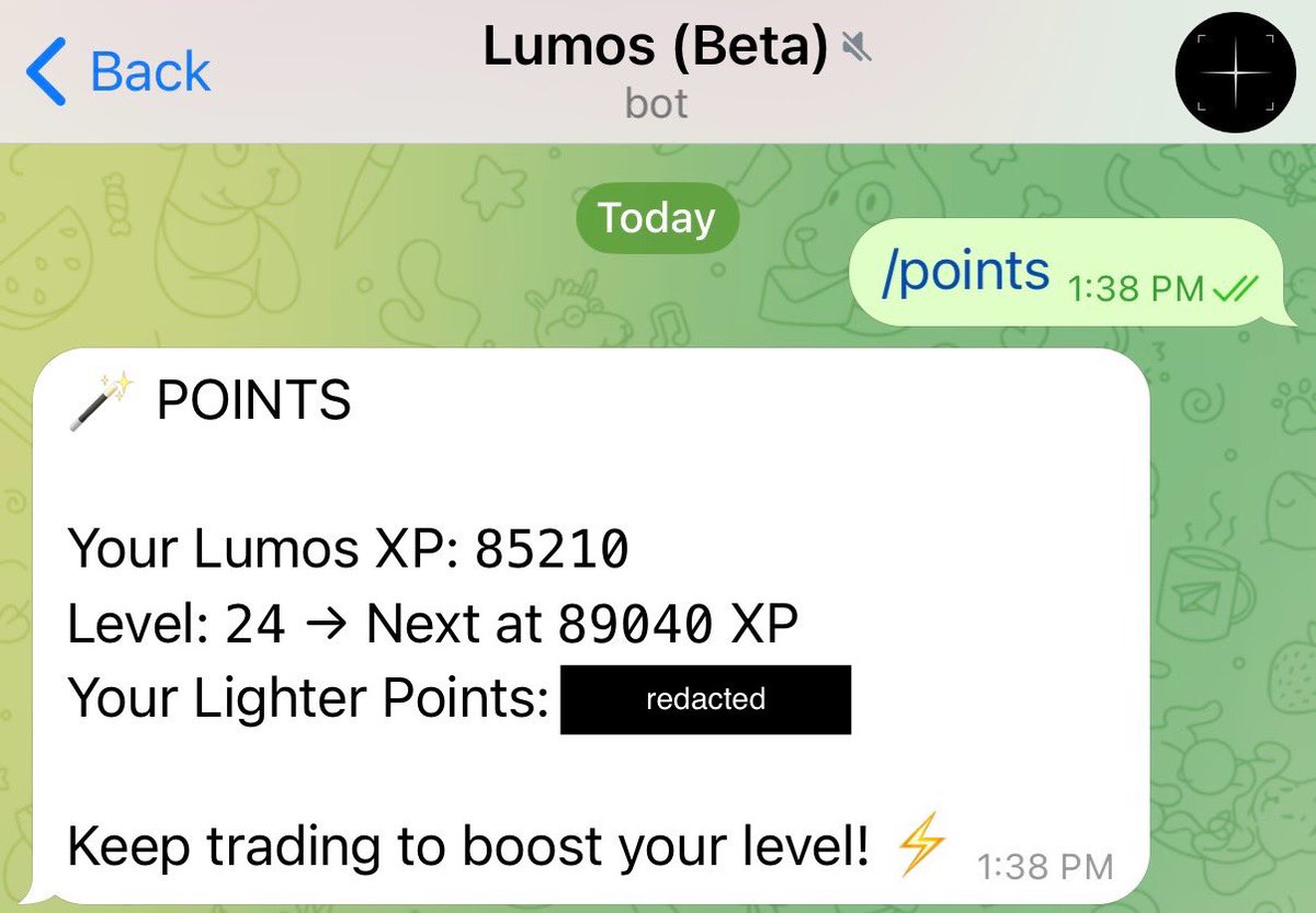 mattbcapital's tweet image. There is a UI bug on @Lighter_xyz and everyone is panicking because they are seeing zero points.
I’m cozy because I used the /points command on @lumosdotwtf to instantly check my points on the Telegram bot!