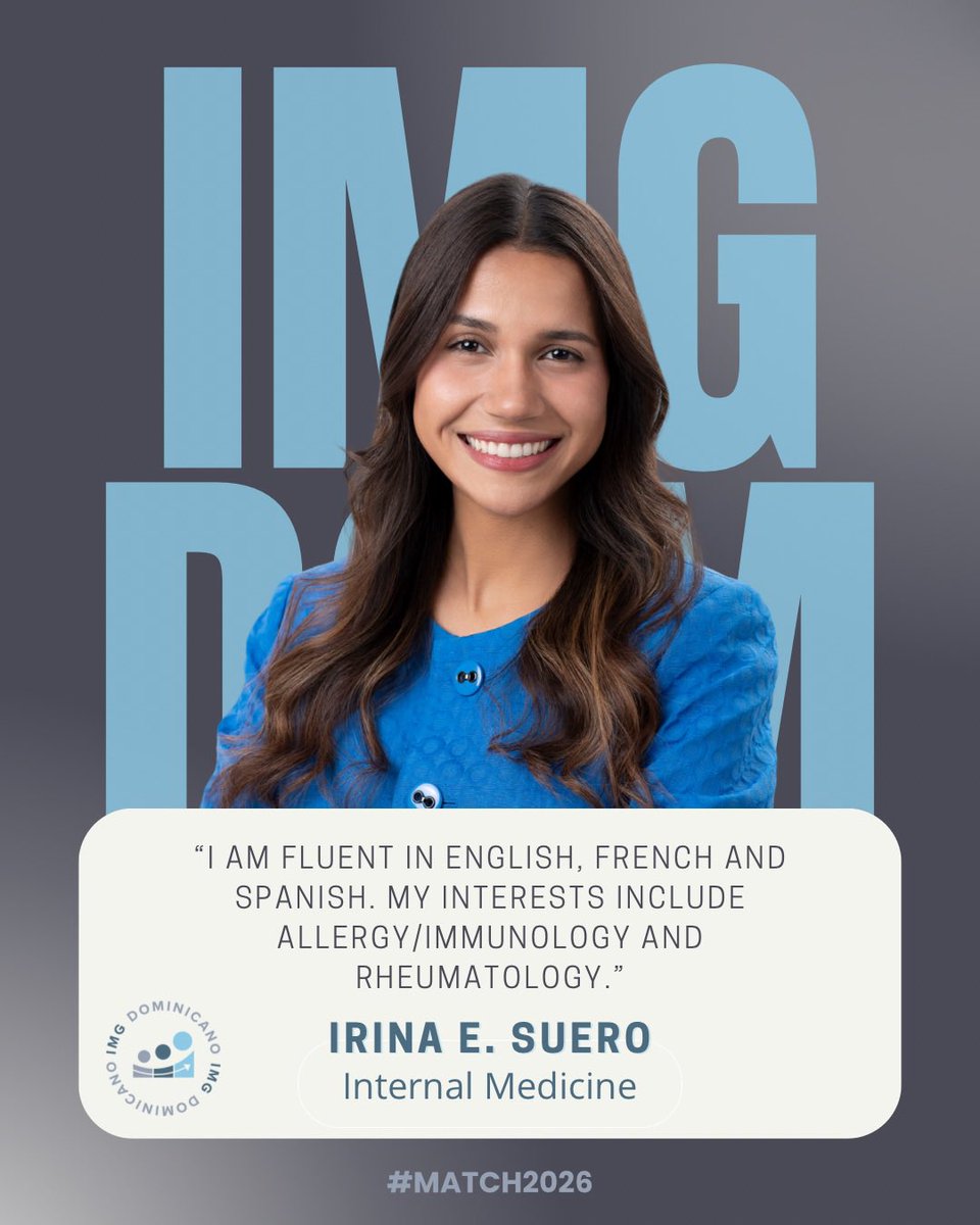 Meet Irina Estela Suero, MD 🩺🇩🇴 | She is applying to Internal Medicine. 

We proudly support our Dominican IMGs as they embark on the journey towards the 2026 Residency Match. 👩🏻‍⚕️👨🏻‍⚕️

#IMGDominicano #Match2026 #InternalMedicine #DominicanIMG #MedTwitter #MedX