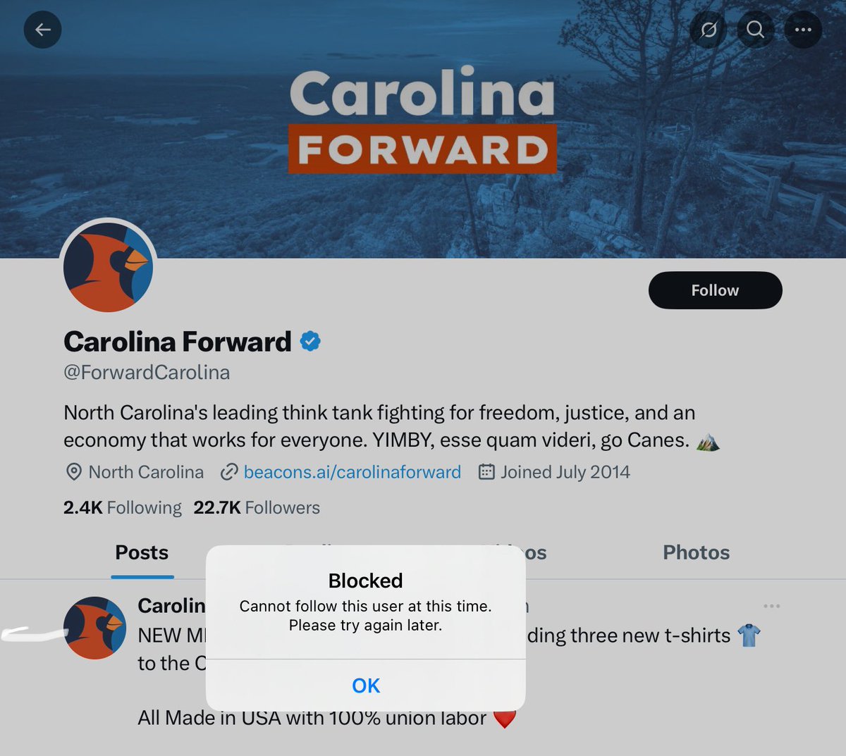 Blocked from Carolina Forward who claims they fight for freedom and justice for everyone… Except this victim of election crimes and brutality…