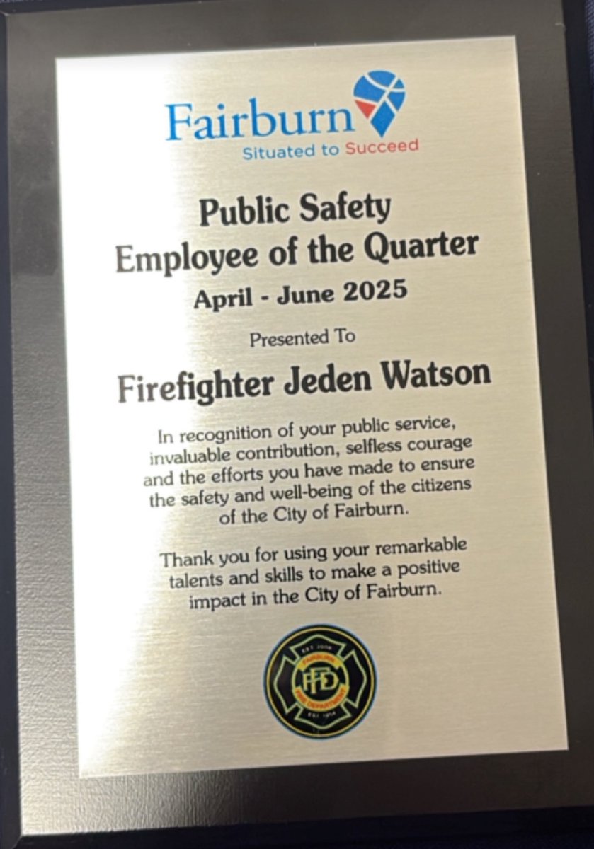 Fairburn_Fire's tweet photo. Today we celebrate firefighter/EMT Jeden Watson for being selected as the City of Fairburn’s public safety employee of the quarter. He was awarded this for his outstanding work ethic and dedication to his profession. @CityofFairburn 🔥🔥 https://t.co/E0qNVPUrmy