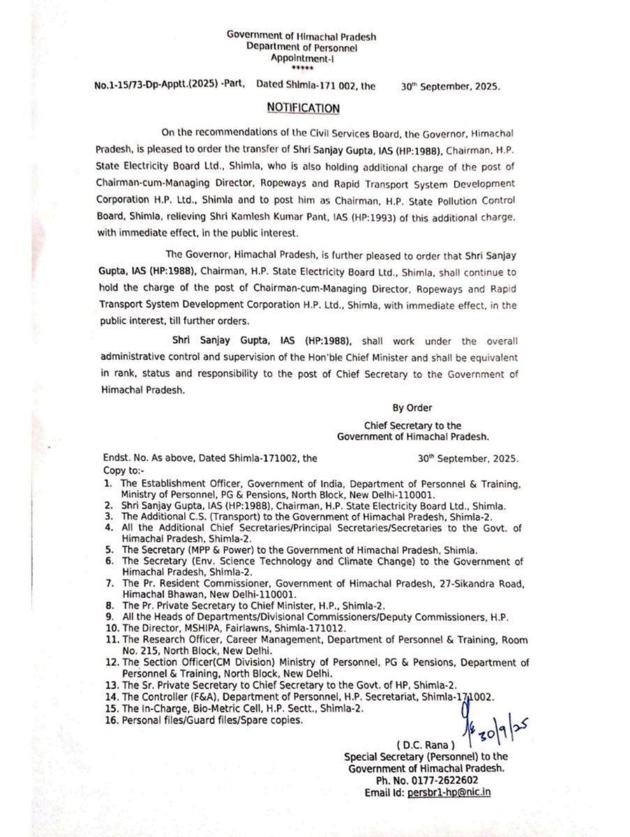 With this order, it is clear that the seniormost IAS officer in Himachal, Sanjay Gupta, is out of the race for the chief secretary's post and the state govt may appoint 1993-batch IAS officer Kamlesh Kumar Pant on the top post.
