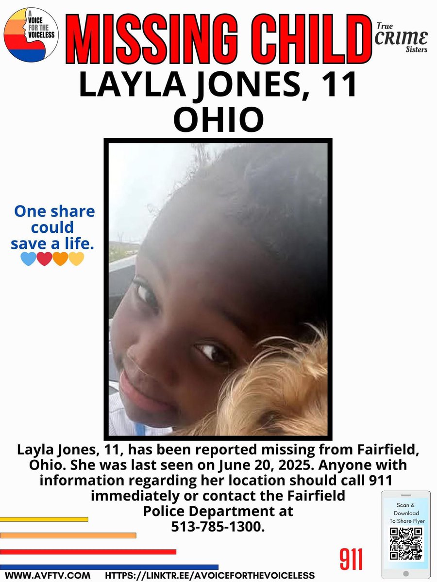 🚨 MISSING CHILD ALERT 🚨
11-year-old Layla Jones has been reported missing from Fairfield, Ohio. She was last seen on June 20, 2025, and her family and law enforcement are asking for the public’s urgent help to bring her home safely.

If you see Layla or have any information on