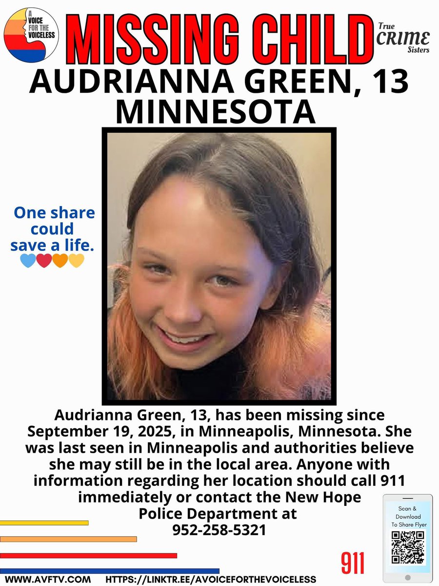 🚨 MISSING TEEN ALERT 🚨PLEASE SHARE 💔
13-Year-Old Girl 💔 Missing Since September 19, 2025  Minneapolis, Minnesota

Please help locate Audrianna Green, age 13. She was last seen on September 19, 2025, in Minneapolis, Minnesota. Authorities believe she may still be in the local
