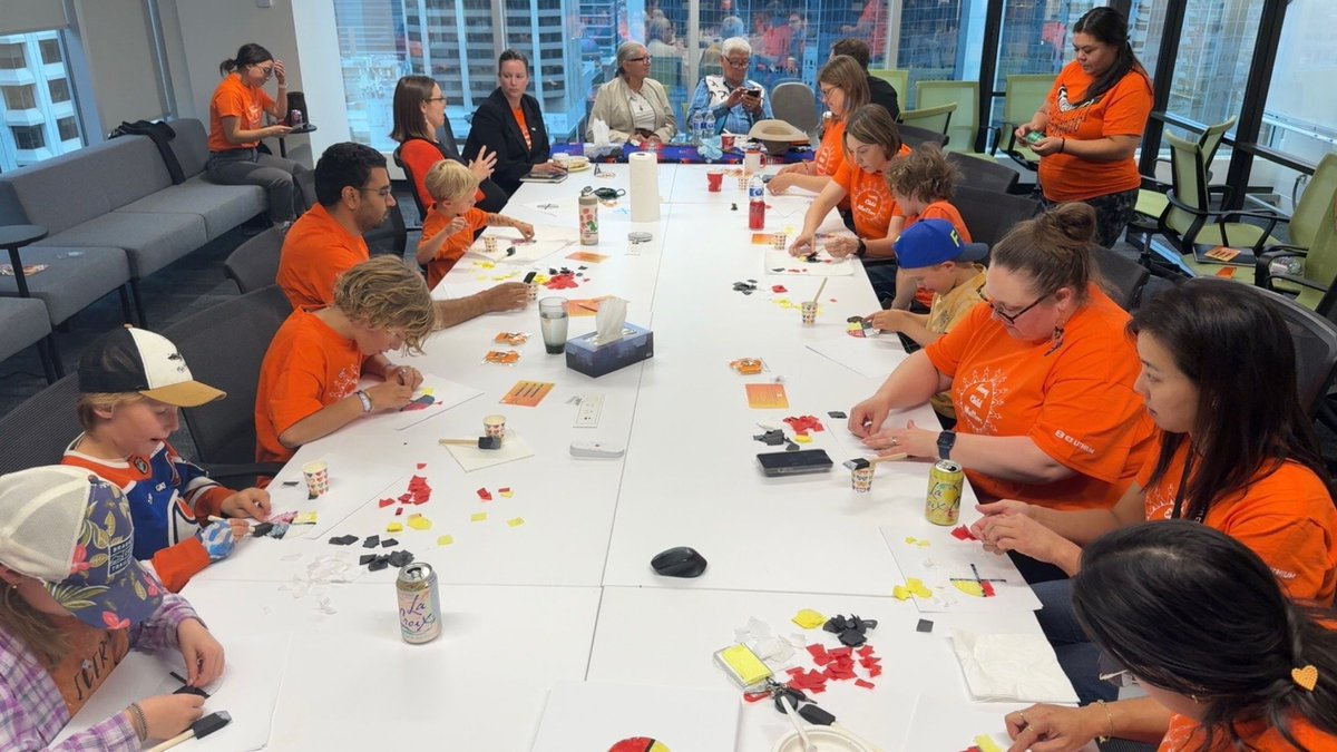 ThePathForward_'s tweet photo. At E3 Lithium's we observed the National Day for Truth and Reconciliation, affirming our commitment to understanding the past. Elders Pam and Martin Heavyhead shared their wisdom. Artist Lana Manyfingers led an Indigenous craft session.  #Orangeshirtday #Everychildmatters https://t.co/8Hcn1HmndP
