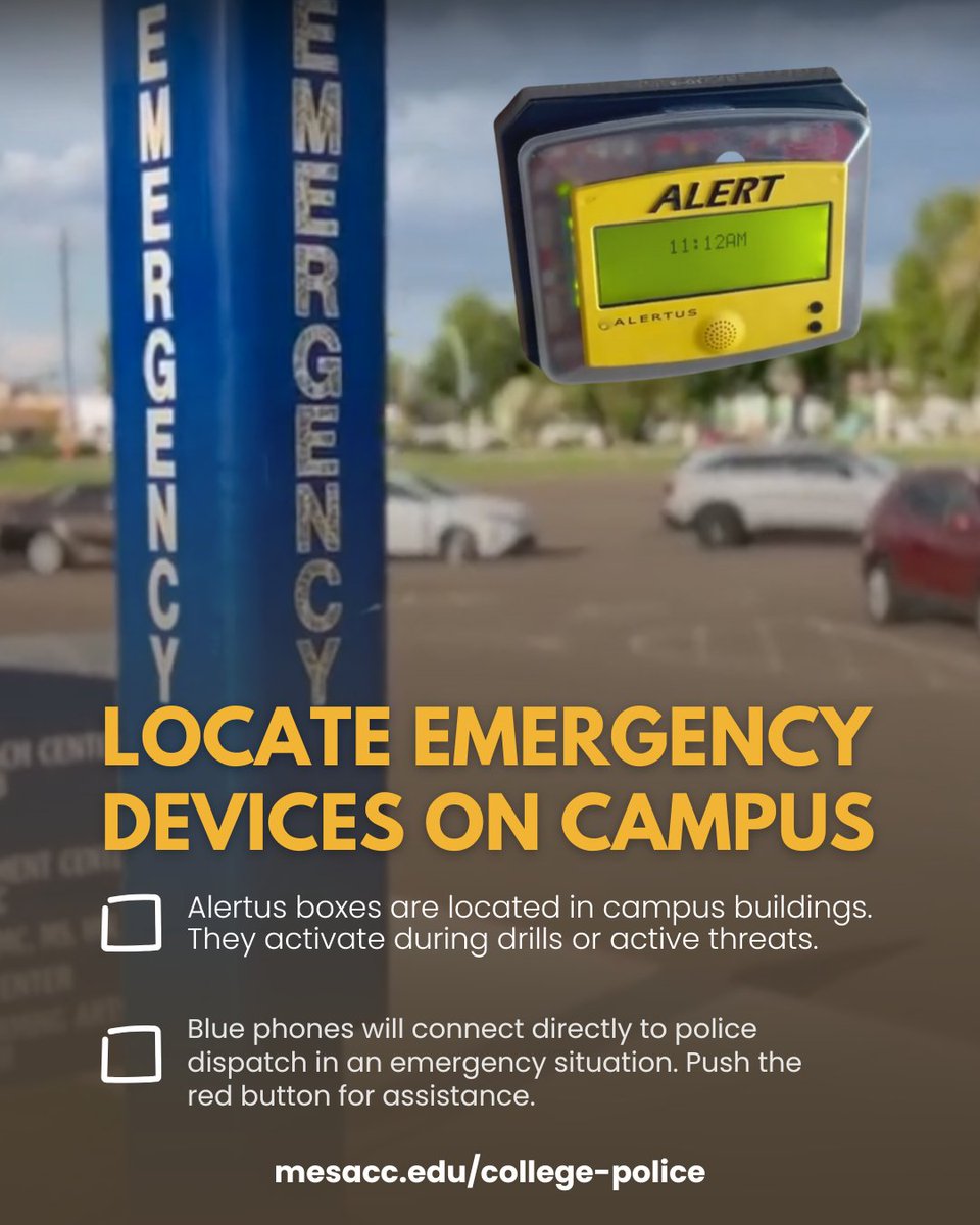 mesacc's tweet image. As students and employees settle into their classes and their routines, here are some quick safety tips from MCC Police.

Take these steps to stay safe!

#CampusSafety #MesaCC #Students #College #Safety
