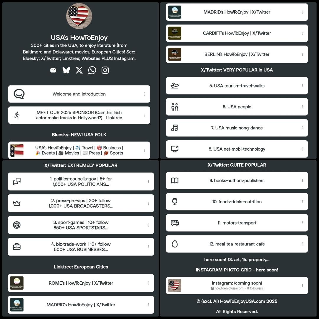 HowToEnjoyUSA's tweet photo. 🌟 USA’s HowToEnjoy – Your Gateway to Culture &amp; Cities! 🌟 https://t.co/EpuaG61Sqd From Baltimore to Delaware and more destinations, explore U.S. life. ✅ You’ll find links: 🎭 Literature &amp; Authors;🎤 Media &amp; Broadcasters;🏀 Sports &amp; Stars;💼 Biz Insights;✈️ Travel Guides &amp; Walks https://t.co/ukpCC9l87f