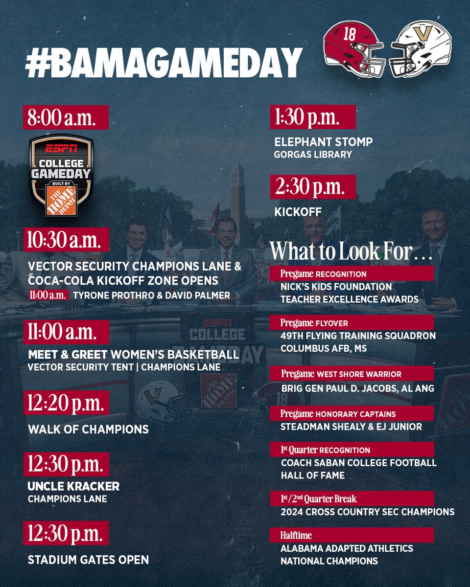 Get Ready for Gameday! Here's what's going on at  <a href="/AlabamaFTBL/">Alabama Football</a> on Saturday! ⬇️

#RollTide | #BamaGameday
