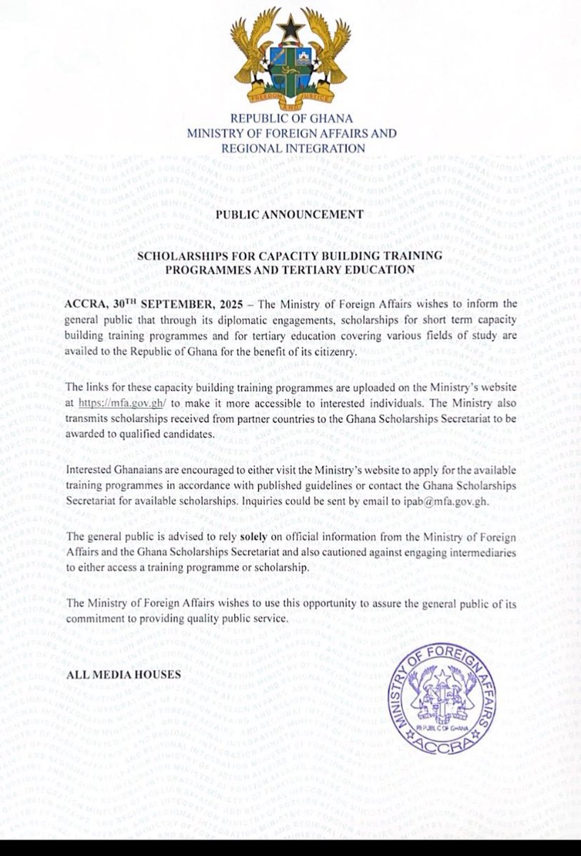 🇬🇭 The Ministry of Foreign Affairs has announced the availability of scholarships and short-term capacity-building training programmes for Ghanaians through diplomatic partnerships.