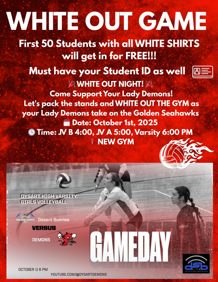 🎉 WHITE OUT NIGHT! 🎉
  Come Support Your Lady Demons! 
 Let's pack the stands and WHITE OUT THE GYM as your Lady Demons take on the Golden Seahawks
🗓 Date: October 1st, 2025
 🕓 Time: JV B 4:00, JV A 5:00, Varsity 6:00 PM 
 📍 NEW GYM 
#Demonnation#ladydemons#volleyball