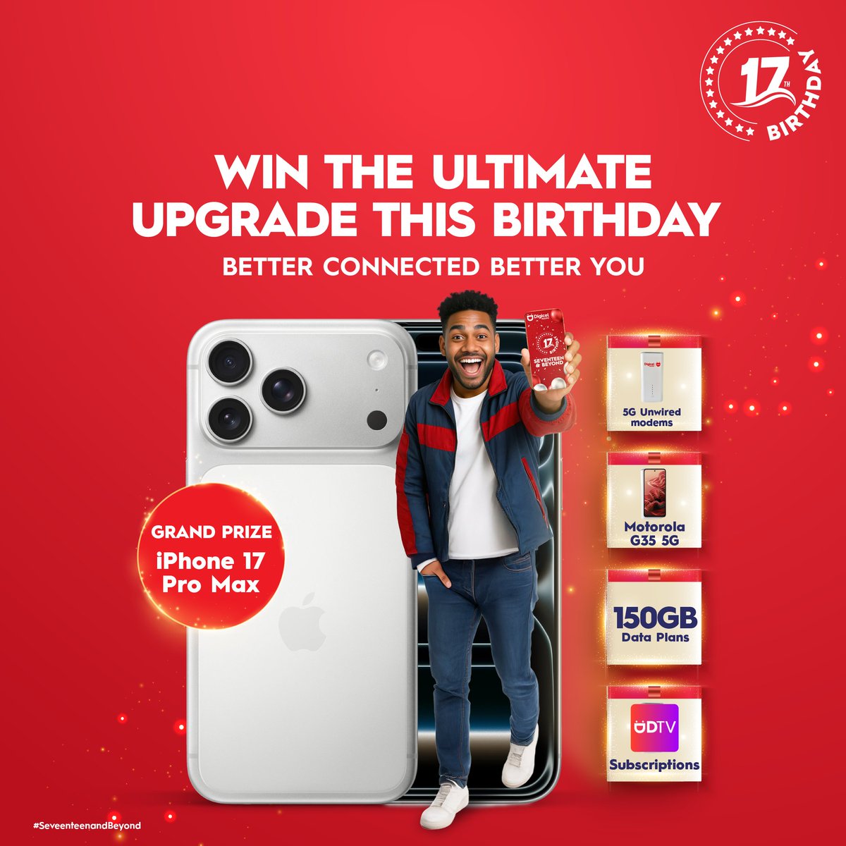 Digicel Fiji turns 17! 🎉 

Celebrate with our Ultimate Upgrade Giveaway – win 1 of 5 iPhone 17 Pro Max + epic 5G prizes! 🙌 

Just buy any Prepaid or Unwired plan $10+ to enter. #DigicelFiji17
