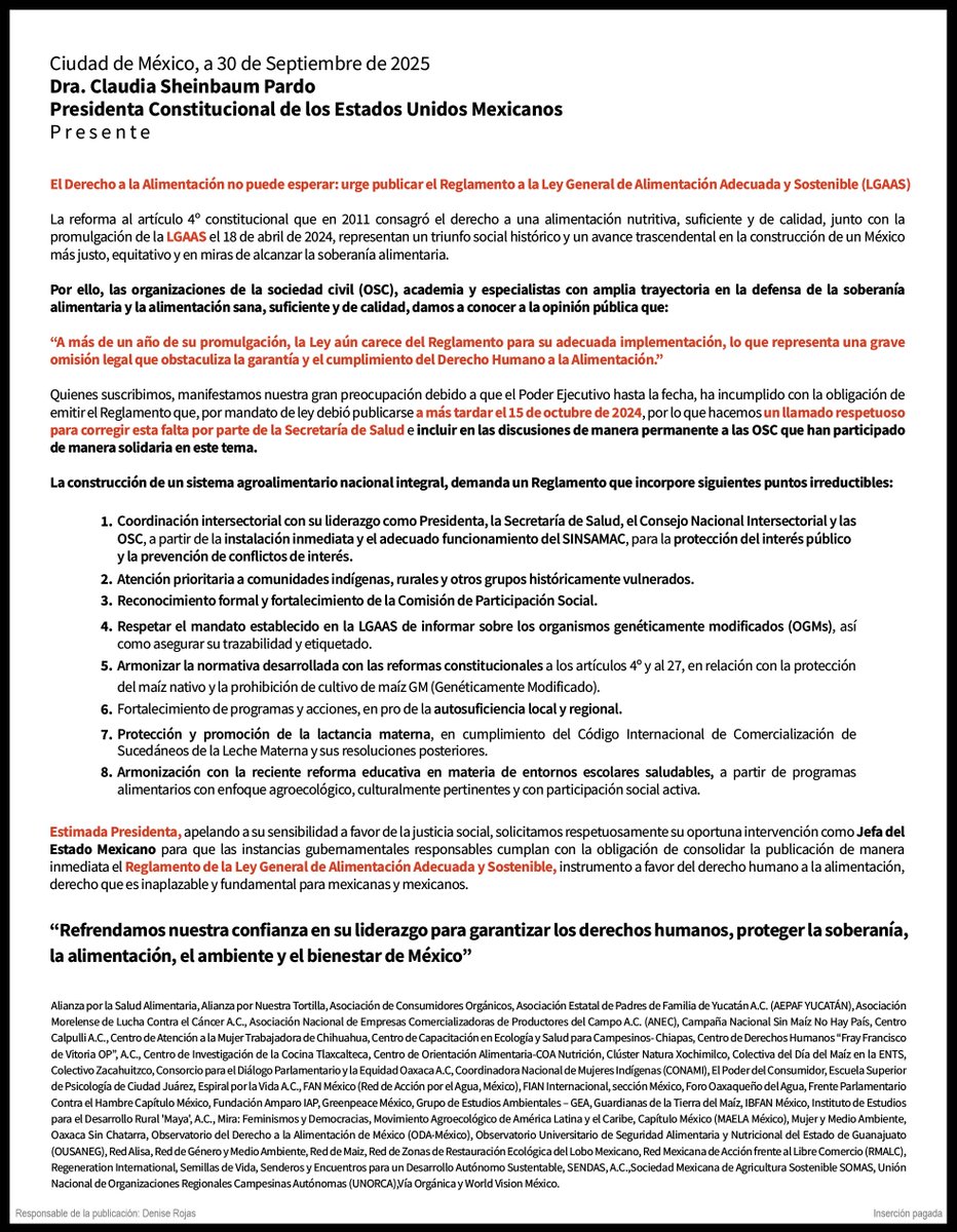 elpoderdelc's tweet photo. 📢Presidenta @Claudiashein: solicitamos su intervención para que se publique el Reglamento de la Ley General de Alimentación Adecuada y Sostenible y así, garantizar el cuidado de la salud, el ambiente y la soberanía alimentaria.
¡El derecho a la alimentación no puede esperar! 🌽🍴