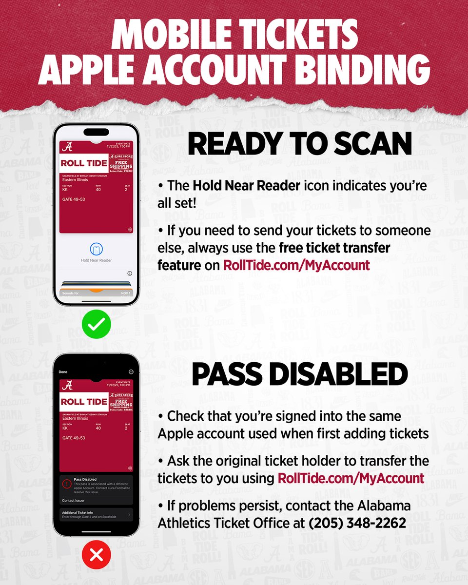 Apple account binding

Always share your tickets using the free ticket transfer option on RollTide.com/MyAccount
-Sharing logins or screenshots will result in disabled passes
-Everyone who needs a ticket should create their own Alabama ticket office account

#BamaGameday