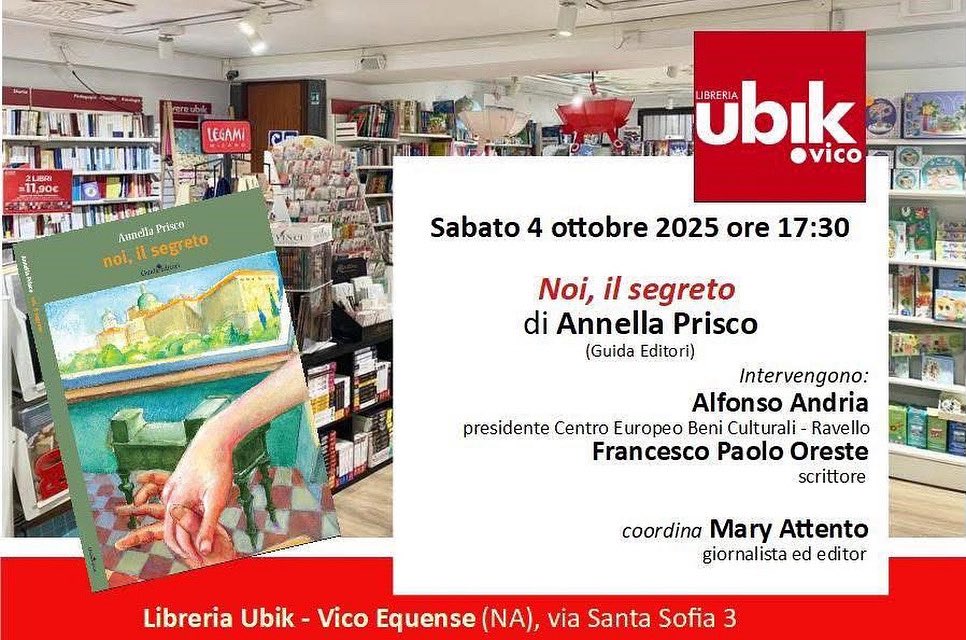 Nuovo mese che si apre per me con un appuntamento particolarmente significativo perchè si terrà in uno dei miei luoghi dell’anima… Un grazie speciale a <a href="/MaryAttento/">Mary Attento</a>, #AlfonsoAndria e Francesco Paolo Oreste per la loro preziosa partecipazione e alla Libreria Ubik Vico Equense