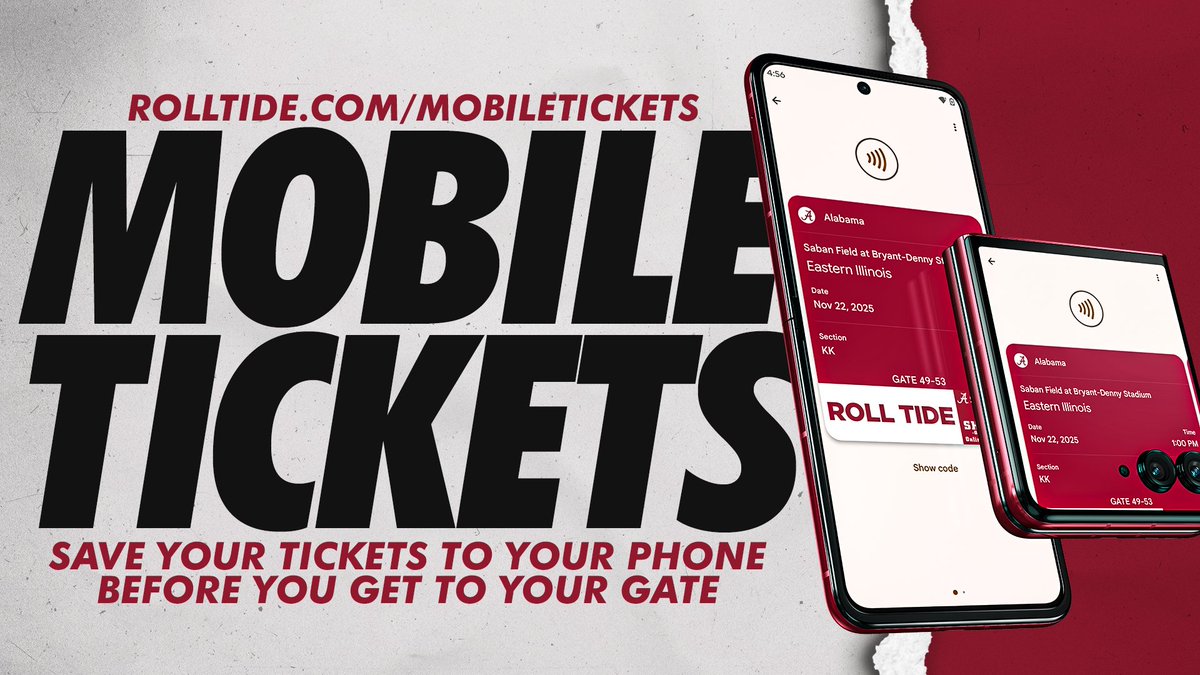 Don't forget to download your mobile tickets before arriving at Bryant-Denny Stadium. 

Look for your assigned entry gate on your ticket after passing through the first public security checkpoint you see.

Instructions ➡️RollTide.com/MobileTickets

#RollTide | #BamaGameday