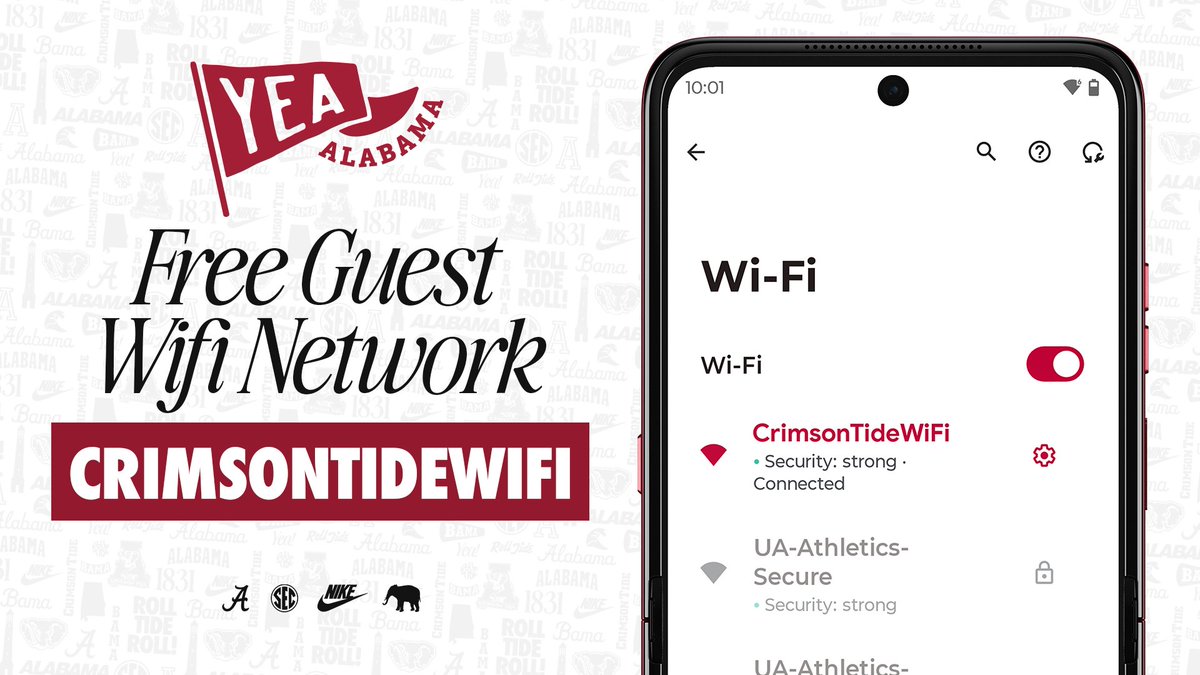 Free Wi-Fi Now Available for Fans on Gameday! 

Stay connected and updated with Crimson Tide Wi-Fi, presented by <a href="/yea_ala/">Yea Alabama</a>, the official fan experience of Alabama Athletics.

#BamaGameday