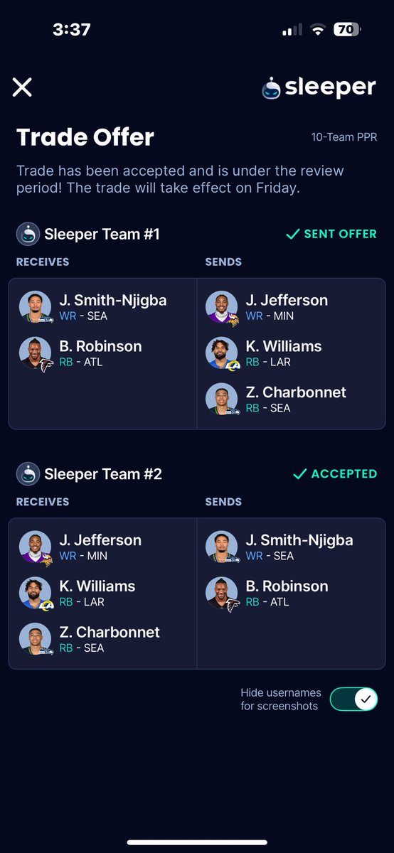 YAVVZV's tweet photo. @SleeperHQ Who won? https://t.co/nAis7I60Z9