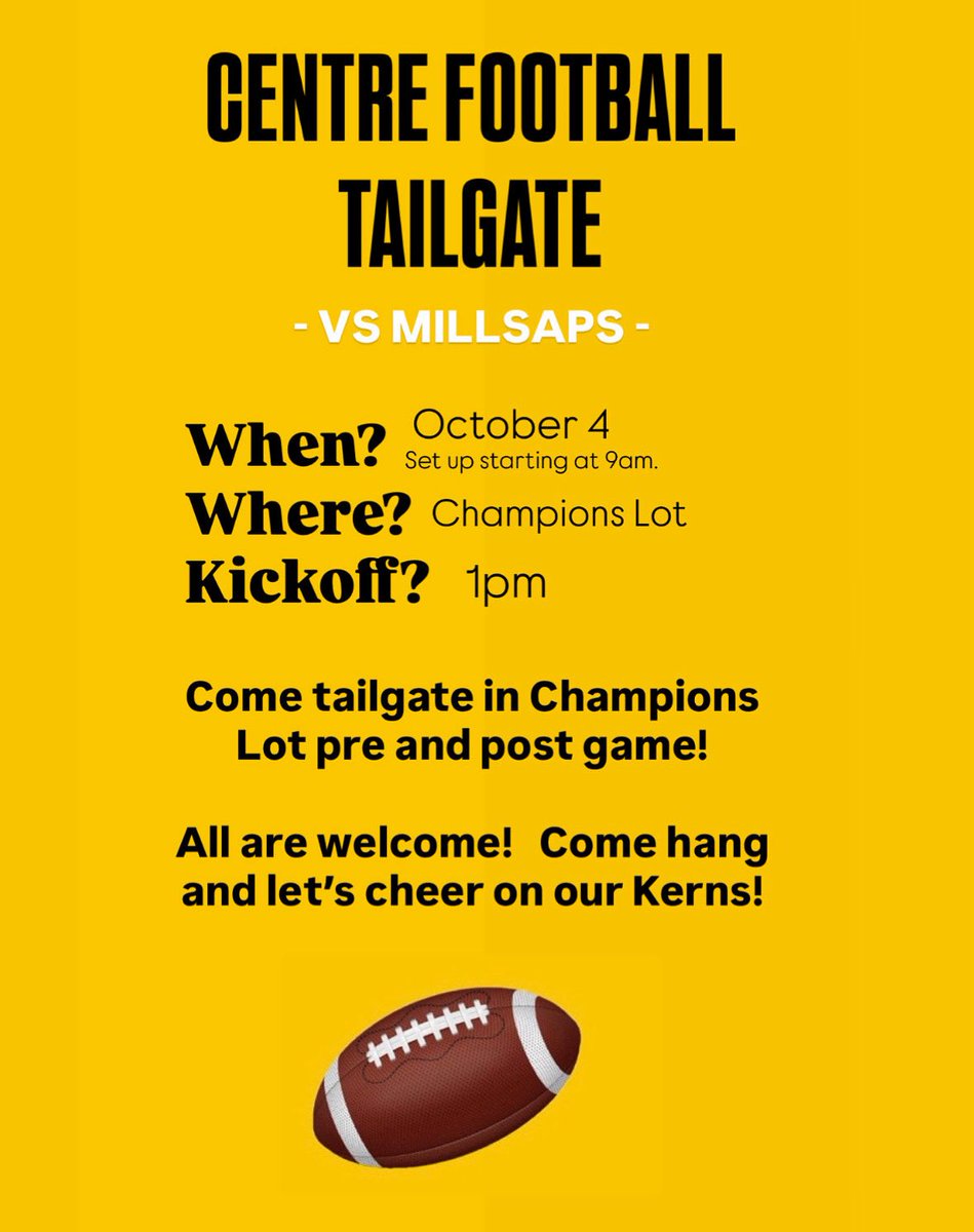 Conference game.  At Home.  What else you gonna do?  Kerns vs Majors 1PM!  Be there!  <a href="/CentreAthletics/">Centre Colonels</a> <a href="/CentreFootball/">Centre College Football</a> <a href="/CentreAlumni/">Centre Alumni</a>