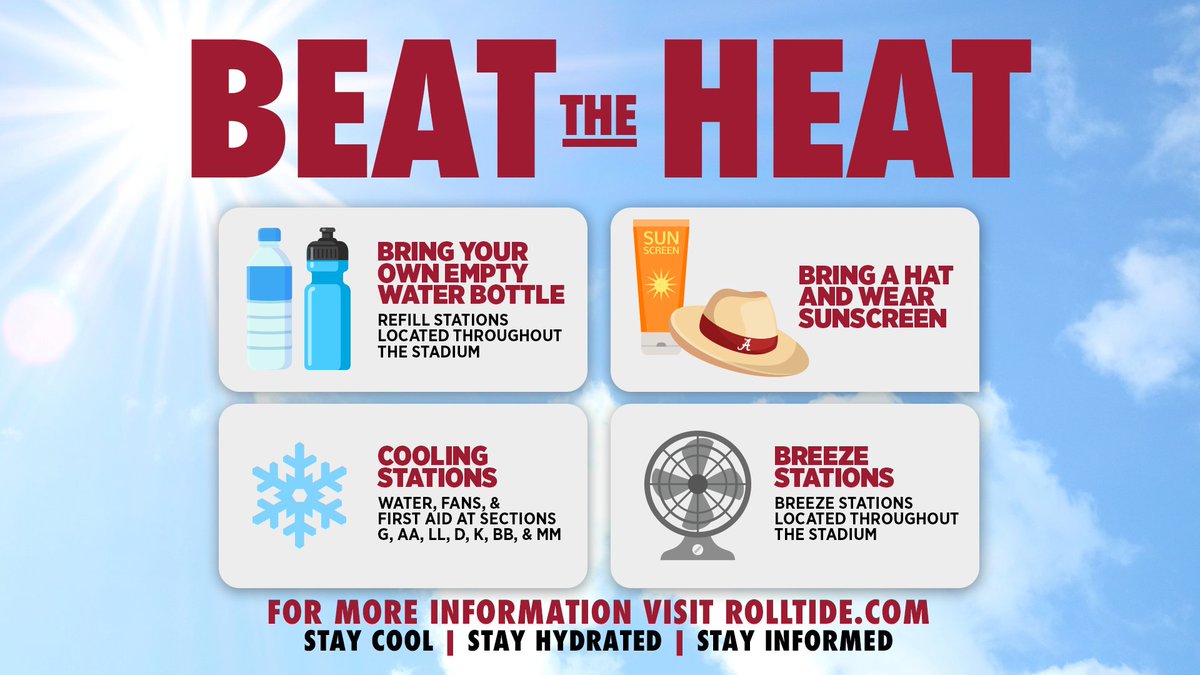 Beat the heat on Gameday 🌞🧴

Make sure to take advantage of the cooling stations and wear sunscreen.

#BamaGameday