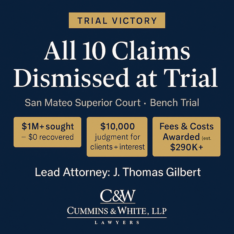 CumminsWhiteLLP's tweet photo. Big win for Cummins &amp; White ⚖️

After a 6-day trial in San Mateo Superior Court, our clients defeated $1M+ fraud claims. They recovered $10K + interest, ~$40K costs &amp; ~$250K fees. #Litigation #Law #TrialWin #CumminsWhite https://t.co/zOupGqDb9c