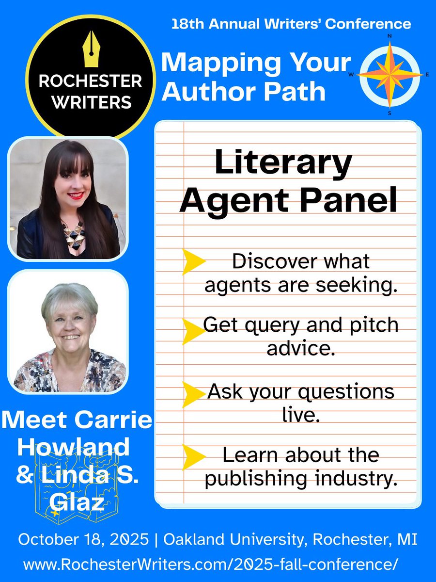 🌟 Meet agents Carrie Howland &amp; Linda S. Glaz at the Literary Agent Panel, 18th Rochester Writers’ Conf, Oct 18, 2025, at Oakland U! 🤝 Discover what they seek, get query tips, ask live, &amp; boost your pitch. 

📚 Register: rochesterwriters.com/2025-fall-conf… #OaklandCounty 
#WritingConference